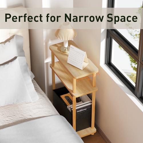 THUMEYE Narrow Side Table with Fabric Basket, 7" Wide, 3 Tier Skinny End Table with Wood Legs, Slim Nightstand/Bedside Table for Small Spaces, with Adjustable Feet, 15.7" L x 23" H - color: Burlywood