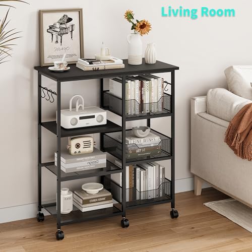 HapiRm Rolling Kitchen Carts with Storage - Microwave Table Stand with 6 Hooks & 3 Baskets, kitchen Island Cart on Lockable Wheels, 28.3" L × 14.6" W Bakers Rack Cart for Dining Room Coffee Bar Office - color: Black