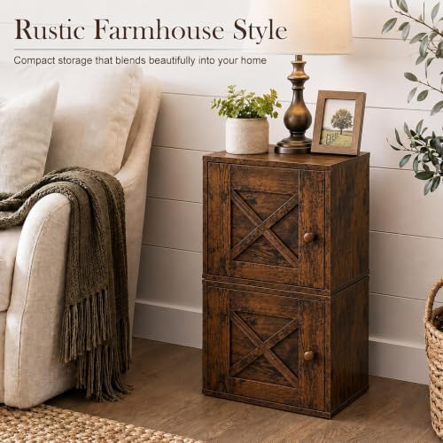 15" H x 15" W x 11.75" D Stackable Cube Storage Organizer with Door, Brown Modular Cubby Storage Bin with Non-Slip Pads, Wooden Cube Bookshelf Shelf for Bedroom, Living Room, Kitchen and Office