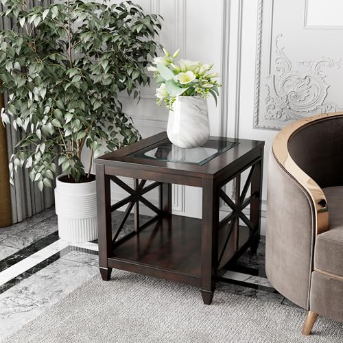 2-Tier Solid Wood Square End Table with Tempered Glass, Espresso | clear glasstop, storage lower shelf, asterisk-shaped leg, rustic country side table, for living room, 27x22.5x24in - color: Black Walnut, size: 27"D x 22.5"W x 24"H
