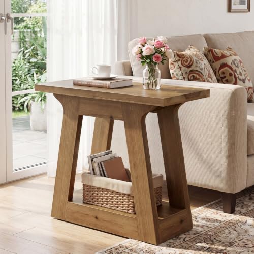 Solid Wood End Table, 23.6" Rustic Narrow Side Table for Living Room, Farmhouse Nightstand for Bedroom,Small Spaces, Brown
