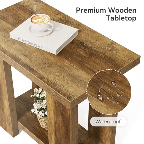 LITTLE TREE 2 Tier Side Table with Storage Shelf, Rustic Wood End Table, Narrow Nightstand Bedside Table for Living Room, Bedroom, Small Spaces, Rustic Brown, 15.75" D x 27.56" W x 25.2" H - color: Rustic Brown