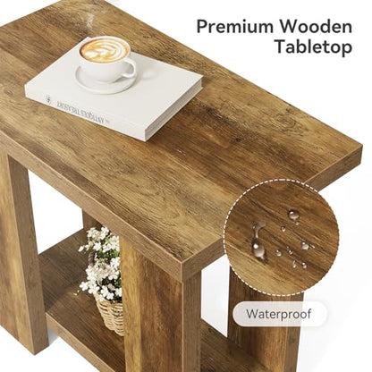 LITTLE TREE 2 Tier Side Table with Storage Shelf, Rustic Wood End Table, Narrow Nightstand Bedside Table for Living Room, Bedroom, Small Spaces, Rustic Brown, 15.75" D x 27.56" W x 25.2" H - color: Rustic Brown
