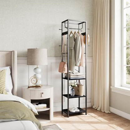 ELYKEN Coat Rack Freestanding, Hall Tree with 3 Storage Shelves and 12 Hooks, Metal Clothes Rack Stand Organizer for Bedroom, Hallway, Entryway, Office, Living Room, Black - color: Black