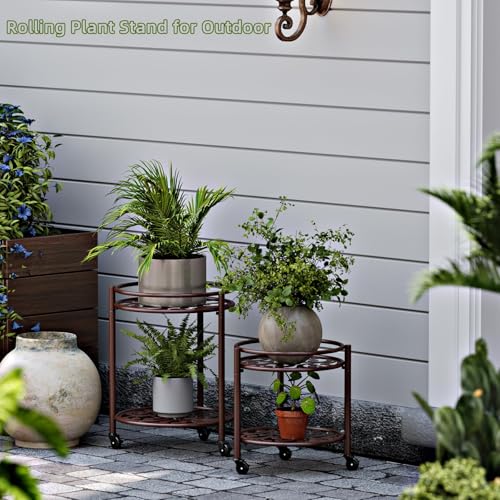2 Tier Heavy Duty Rolling Plant Stand, 2 Pack Coffee | Indoor & Outdoor,150 lbs Capacity,Easy Move Cart,Balcony, Patio, Garden,Planter with Wheels - color: 2 pack coffee