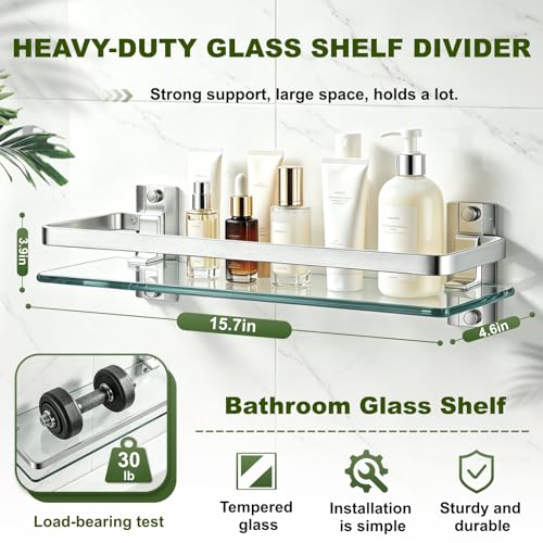Bathroom Glass Shelf 15.7" Silver Wall-Mounted, Floating Metal Storage Rack | 2 Pack Aluminum Tempered Glass 0.3in Extra Thick Rectangular，Space-Saving Design - color: Silver 2 Pack