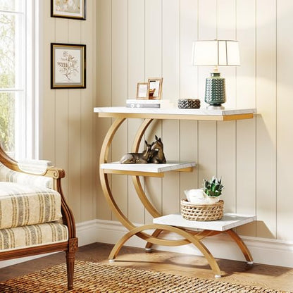 Tribesigns C-Shaped End Table Set of 2, Industrial 3-Tier Small Side Table for Couch, Wood Bedside Table Snack Side Table with Storage Shelves for Living Room Small Space, White Gold - color: White Gold