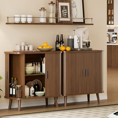 Sideboard Buffet Cabinet with Sliding Door, 31.5" Wide Fluted Modern Accent Storage Cabinet with Adjustable Shelves, Wood Coffee Bar Buffet Console Table for Kitchen, Dining Room, Living Room, Walnut - color: Walnut