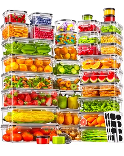 KEMETHY 70 PCS Food Storage Containers with Lids(35 Containers & 35 Lids), BPA-Free Plastic Food Containers for Kitchen Storage, Leak Proof, Reusable Meal Prep Containers with Labels & Pen - color: 70 PCS