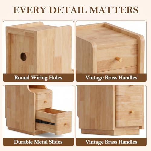 Narrow Nightstand with 4 Drawers, 7.9" Solid Wood Narrow Bedside Table Natural with Open Shelf & Cable Hole, Modern Night Stand Slim Bedside Table for Bedroom(Fully Assembly) - color: Natural