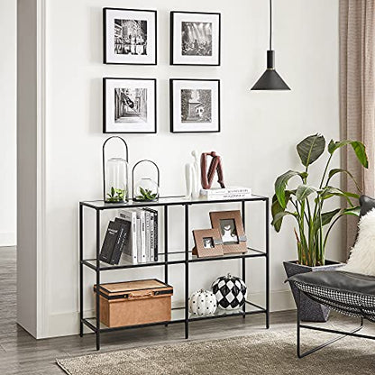 VASAGLE 39.4 Inch Console Table with 3 Shelves, Sofa Tables, Modern Entryway Table, Metal Frame, Tempered Glass Shelf, Entryway Living Room Bedroom, Classic Black and Transparent ULGT027B01 - color: Classic Black + Transparent, size: 39.4"W