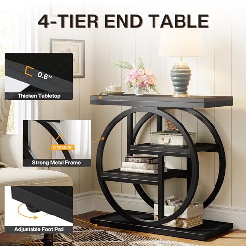 Tribesigns Black End Table for Living Room, 4-Tier Narrow Side Table with Storage Shelves, Modern Bedside Table for Bedroom, Wood Small Sofa Side Table with Geometric Metal Frame (1 PC, Black) - color: Black