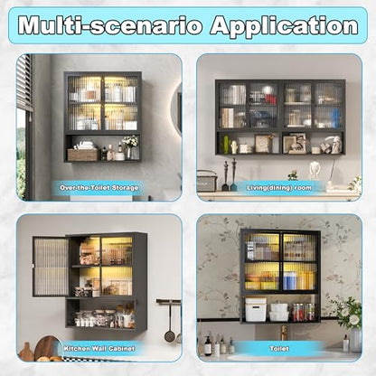 Metal Bathroom Wall Cabinet with Glass Doors | Medicine Cabinet with 2 LED Light, Metal Wall Mounted Cabinet with Open Shelf for Laundry Room, Black - style: Half Glass Door Black