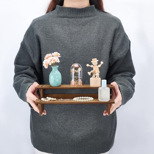 NBEADS 2-Tier Wooden Display Riser Shelf, 4.69x11.65x3.78 Inch Camel Tabletop Small Food Stand Risers Display Makeup Step Perfume Organizer for Fragrance Cosmetics Figure Collection