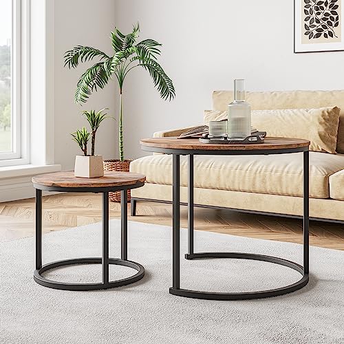 HOJINLINERO Round Nesting Coffee Table Set of 2,Small Coffee Table,Brown | Center Table for Living Room,Small Apartment,Small Space,Stacking Side Tables,Sturdy Easy Assembly,Rustic Brown Wood Tabletop - color: Brown, size: Small