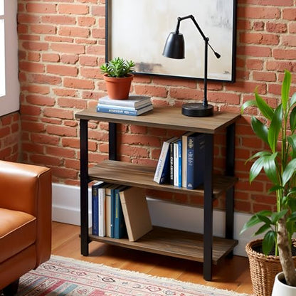 Alaterre Furniture Pomona Living Room 3-Tier Solid Wood Under-Window Bookshelf with Metal Frame – Rustic Industrial Modern Living Room Bookcase (Rustic Brown)