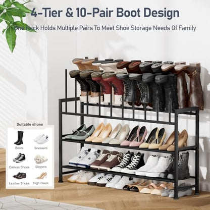 DIMJ Boot Rack 4-Tier - Black Metal Boot Storage Rack Tall Boots Organizer, Multiuse Shoe Rack for Boots, Sneakers, High-Heel, Entryway, Fits 10 Pairs - size: 4-Tier - 10 Pairs