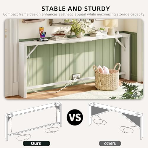 TIQLAB Sofa Table, 79 inch (1.2'' Thickness) Long Console Table Behind Couch, Narrow Entryway Table with Angled Metal Frame, Industrial Console Table, White - color: White, size: 79''L x 5.9''W x 31.5''H
