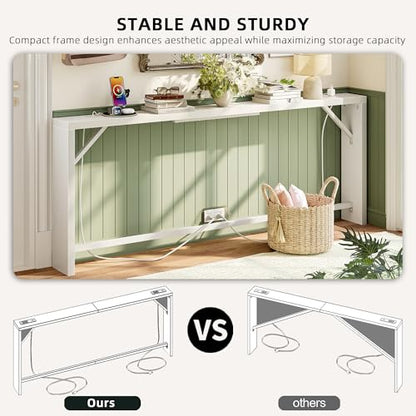 TIQLAB Sofa Table, 79 inch (1.2'' Thickness) Long Console Table Behind Couch, Narrow Entryway Table with Angled Metal Frame, Industrial Console Table, White - color: White, size: 79''L x 5.9''W x 31.5''H