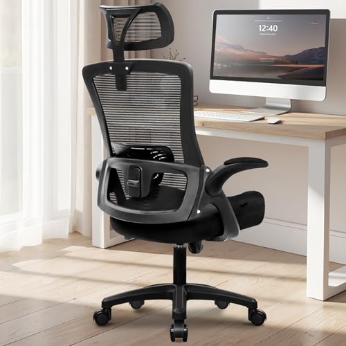 NEO Chair Office Desk Chair Gaming Computer High Back Support Mesh Comfy Seat with Adjustable Ergonomic Headrest Lumbar Rolling Flip-up Armrests and Wheels (Mesh Black) - color: Mesh Black