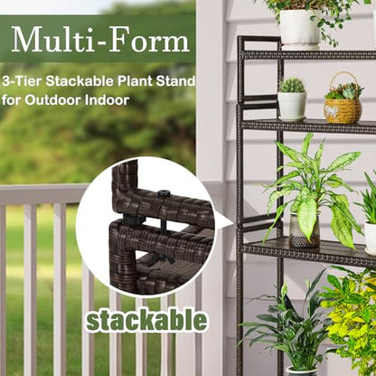 Outdoor Plant Stand 3 Tier Shelf for Patio Flower Pot Planter Stand Holder with Wicker Poly Lumber Shelves Multiple Tall Tiered Plant Display Rack with Adjustable Feet Heavy Duty Stackable Brown