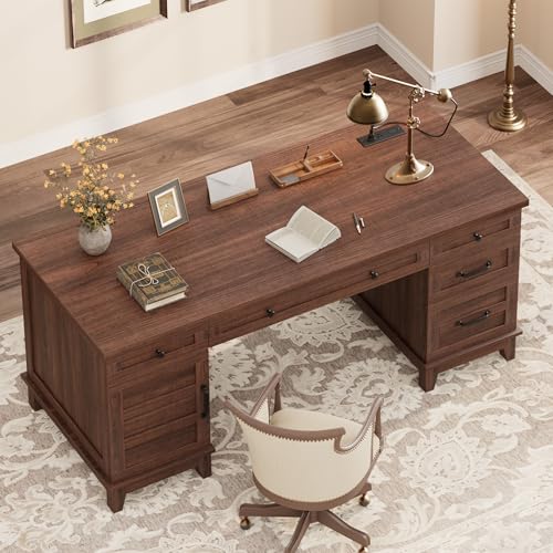 Garvee 60" Wooden Home Office Desk with File Drawers, Executive Desk with Adjustable Cabinet, Farmhouse Wood Desk with Power Outlet, Distressed Study and Work Table, Rustic Brown - color: Rustic Brown, size: 60" W