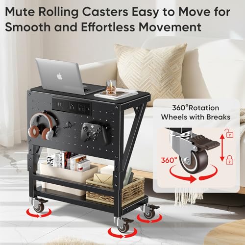 POKIPO Computer Tower Stand with Charge Station and USB Port,Pc CPU Holder Cart for Floor Carpet with Wheels,Heavy Duty Metal,Adjustable Height,Rolling Pc Printer Desktop Under Desk for Home Office