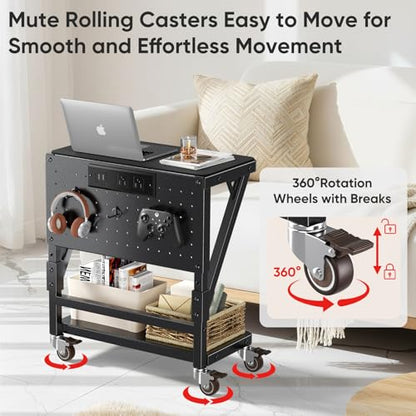 POKIPO Computer Tower Stand with Charge Station and USB Port,Pc CPU Holder Cart for Floor Carpet with Wheels,Heavy Duty Metal,Adjustable Height,Rolling Pc Printer Desktop Under Desk for Home Office