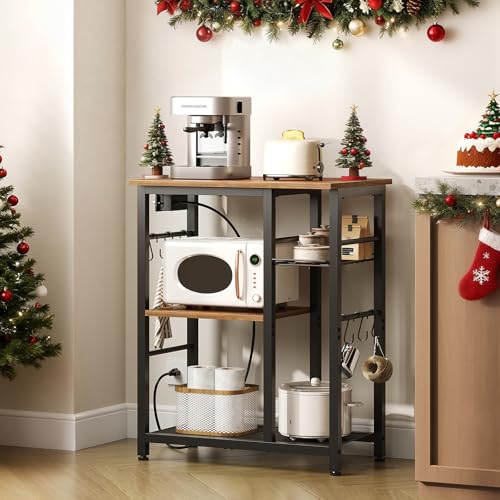 YATINEY Movable Bakers Rack, Microwave Stand with Charging Station, Kitchen Storage Rack with Hooks and Basket, Casters and Adjustable Feet, for Small Space, Kitchen, Dining Room, Rustic Brown HB04UBR - color: Rustic Brown + Black