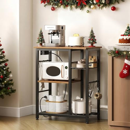 YATINEY Movable Bakers Rack, Microwave Stand with Charging Station, Kitchen Storage Rack with Hooks and Basket, Casters and Adjustable Feet, for Small Space, Kitchen, Dining Room, Rustic Brown HB04UBR - color: Rustic Brown + Black