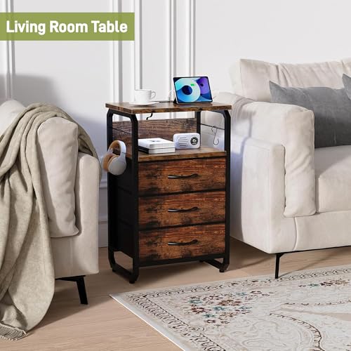 runjuly Night Stand Set 2, Nightstand with LED Lights and Fabric Drawers, Matching End Tables with Charging Station USB C Port, Bedside Tables with Hooks for Bedroom, Rustic Brown - color: Rustic Brown, style: Larger+Taller Set of 2