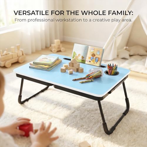 BUYIFY 23.4" Foldable Lap Desk Bed Table with Cup Holder Portable Tray | Folds Flat for Easy Storage, No Assembly Laptop Bed Desk, Sturdy and Lightweight, Patent Design, Blue - color: Blue