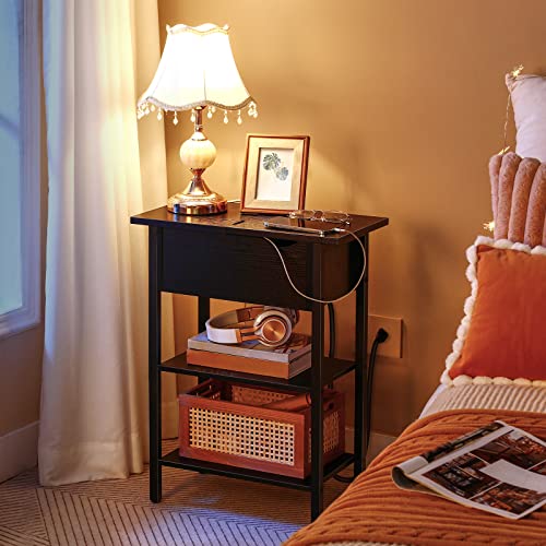HOOBRO Side Table, Flip End Table with Charging Station and Shelves, USB Ports & Power Outlets, Narrow Nightstand for Small Spaces, Stable and Sturdy, for Living Room, Black BK341BZ01 - color: Black