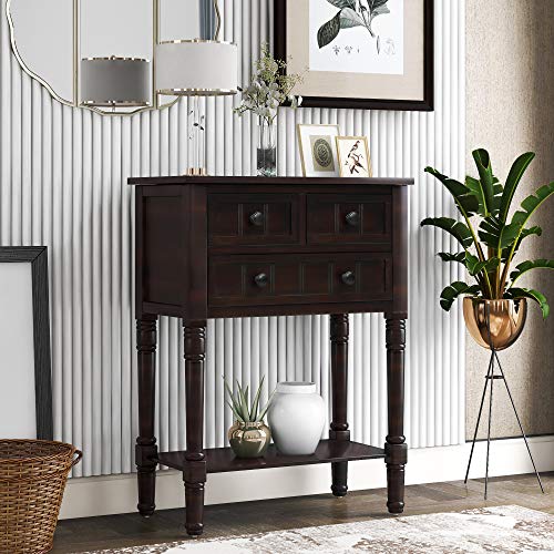 MTHOUSE Solid Wood Narrow Console Table, Entryway Table for Hallway & Living Room, Slim Sofa Table with 3 Drawers & Shelf, Easy Assembly Storage Furniture (Espresso) - color: Espresso
