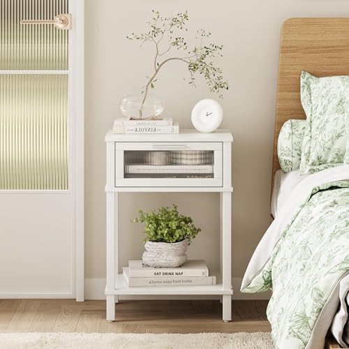 Nightstand Wooden Bedside Table with Drawer White Night Stands Modern Style Small End Table Side Table with Storage Shelf for Bedroom Living Room MLBZ10W - color: White