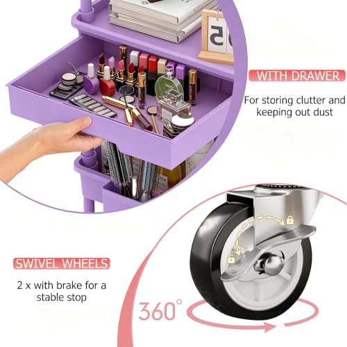 REBECAT 4 Tier Rolling Cart with Drawer, Utility Storage Cart on Wheels for Kitchen, Bathroom, Living Room,Office(Purple) - color: Purple