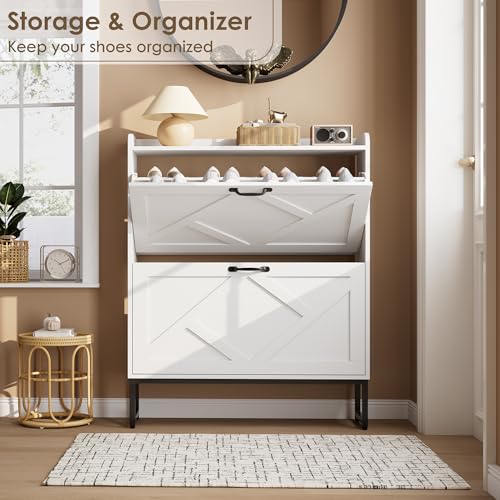 Nicetree Shoe Storage Cabinet with 2 Flip Drawers, Freestanding Shoe Organizer, Shoe Cabinet with Metal Legs, Narrow Shoe Rack Cabinet, Farmhouse Slim Shoe Cabinet for Entryway, Foyer, Hallway, White - color: White