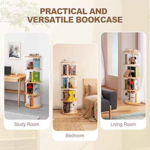 TAKEKIT 360° Rotating Bookshelf, 4-Tier Spinning Book Shelf Tower with Solid Wood & Clear Acrylic, Round Revolving Bookcase for Living Room, Bedroom and Office - color: Natural Round, size: 4-Tier