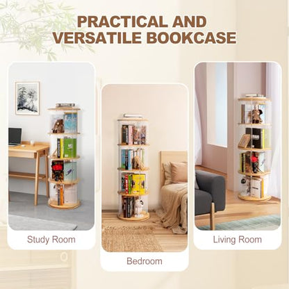 TAKEKIT 360° Rotating Bookshelf, 4-Tier Spinning Book Shelf Tower with Solid Wood & Clear Acrylic, Round Revolving Bookcase for Living Room, Bedroom and Office - color: Natural Round, size: 4-Tier