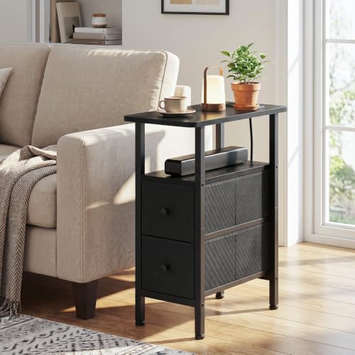 LOAKEKEL Narrow End Table with Charging Station, Side Tables Living Room | End Tables Living Room Set of 2, Skinny Nightstand with Fabric Drawers for Bedroom, Small Spaces, Black - color: Black, style: Power