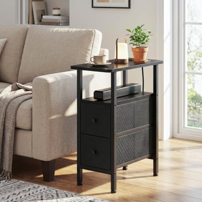 LOAKEKEL Narrow End Table with Charging Station, Side Tables Living Room | End Tables Living Room Set of 2, Skinny Nightstand with Fabric Drawers for Bedroom, Small Spaces, Black - color: Black, style: Power