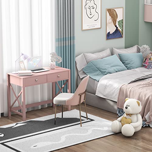 WiberWi Home Office Desk with Drawers, Modern Writing Computer Desk for Bedroom, Small Makeup Vanity Table Study Table for Home Office,Pink - color: Pink
