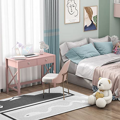 WiberWi Home Office Desk with Drawers, Modern Writing Computer Desk for Bedroom, Small Makeup Vanity Table Study Table for Home Office,Pink - color: Pink