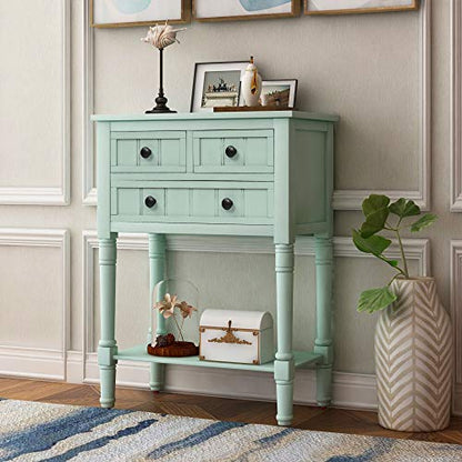 P PURLOVE Narrow Console Table, Farmhouse Entryway Table Slim Sofa Table with Three Storage Drawers and Bottom Shelf, Wood Entry Table for Living Room, Easy Assembly (Mint Green) - color: Retro Blue
