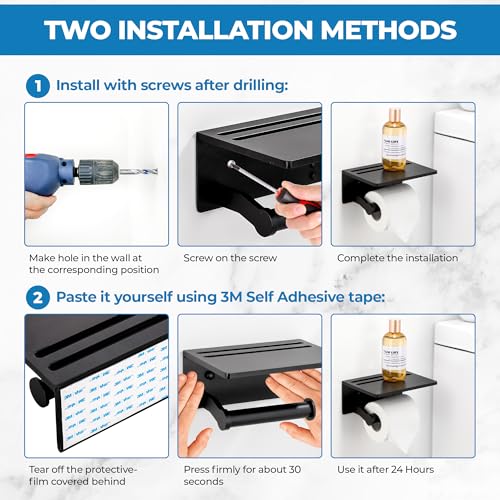 Toilet Paper Holder with Shelf, Black Anti-Rust Aluminum Tissue Roll Holder with Mobile Phone Storage Shelf for Bathroom, 3M Self Adhesive No Drilling or Wall Mounted with Screws - color: Black