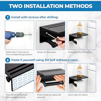 Toilet Paper Holder with Shelf, Black Anti-Rust Aluminum Tissue Roll Holder with Mobile Phone Storage Shelf for Bathroom, 3M Self Adhesive No Drilling or Wall Mounted with Screws - color: Black