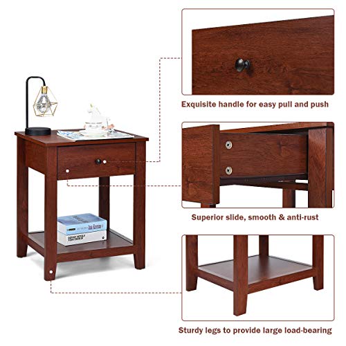 Giantex Nightstand Set of 2, Wooden 2-Tier End Table with Drawer and Storage Shelf, Versatile Bedside Tables, Modern Side Table for Bedroom, Living Room, Small Spaces, Easy Assembly, Walnut