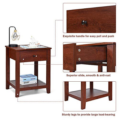 Giantex Nightstand Set of 2, Wooden 2-Tier End Table with Drawer and Storage Shelf, Versatile Bedside Tables, Modern Side Table for Bedroom, Living Room, Small Spaces, Easy Assembly, Walnut