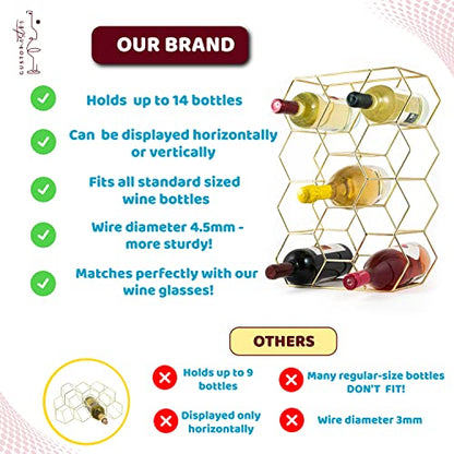 Gusto Nostro Countertop Wine Rack - 14 Bottle Freestanding Modern Gold Metal Small Wine Rack - 3 Tier Tabletop Wine Holder Stand for Cabinet, Pantry, Wine Bottle Storage - No Assembly Required - color: Gold