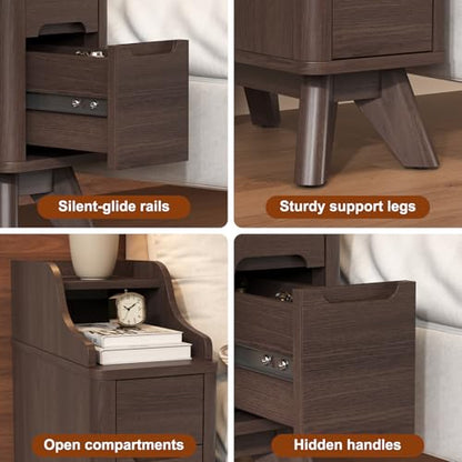 7.87" Narrow Nightstand Set of 2, 2 Drawer Nightstand with Charger Station | Wooden Thin Couch Side End Table, Skinny Bedside Table Small Spaces, Mid Century Modern Night Stand with Drawers, Brown-2Pcs - color: Brown, size: Narrow (2 drawer)